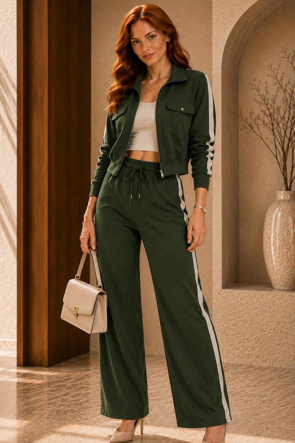 Conjunto Feminino Pantalona Aurora – Conjunto Feminino Pantalona com Listra Lateral e Jaqueta com Zíper | Use Virela
