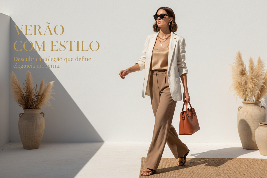 Create a fashion-forward summer hero banner for a women’s fashion e-commerce brand, blending summer freshness with modern elegance.
⚠️ MANDATORY:
➡️ Final banner text must be in perfect Brazilian Portuguese (PT-BR).
➡️ No language mixing and no Portuguese mistakes.
Visual style:
Modern, bold, and elegant summer fashion
Editorial look with natural summer light
Sophisticated neutral tones with subtle warm accents
Visual elements:
Confident woman in a refined summer look
Statement yet elegant styling