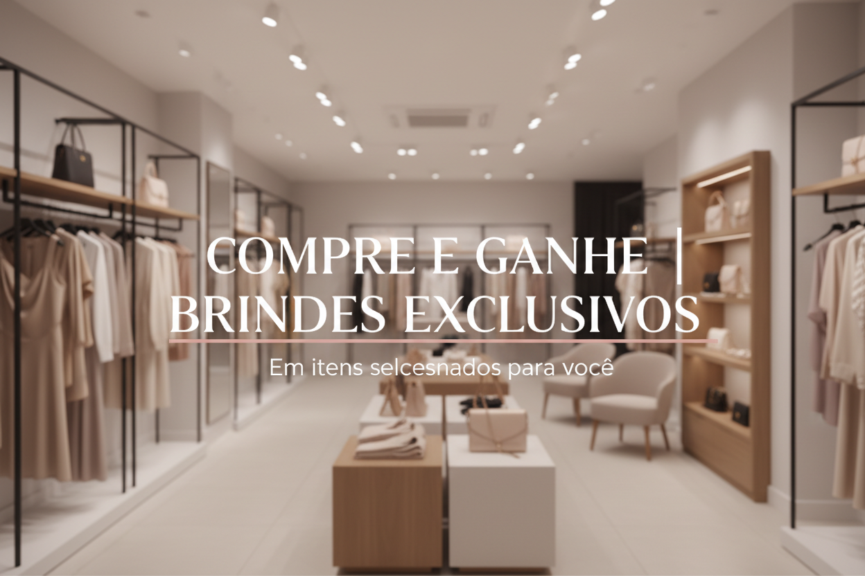 Create a promotional horizontal banner for a women’s fashion online store.
Background: elegant boutique interior, clean and modern design, neutral tones, soft lighting, slightly blurred, no people.
Text (Brazilian Portuguese, no errors):
COMPRE E GANHE | BRINDES EXCLUSIVOS
Em itens selecionados para você
Style: clean, elegant, premium, feminine.
Add a subtle sense of urgency without visual clutter.