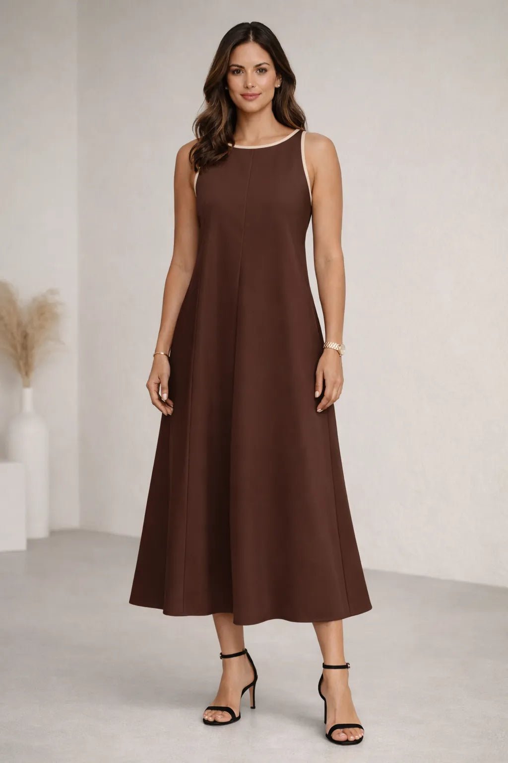 Vestido Longo Feminino Decote Redondo Cintura Contrastante – Vestido Longo Feminino Decote Redondo Cintura Contrastante | Use Virela