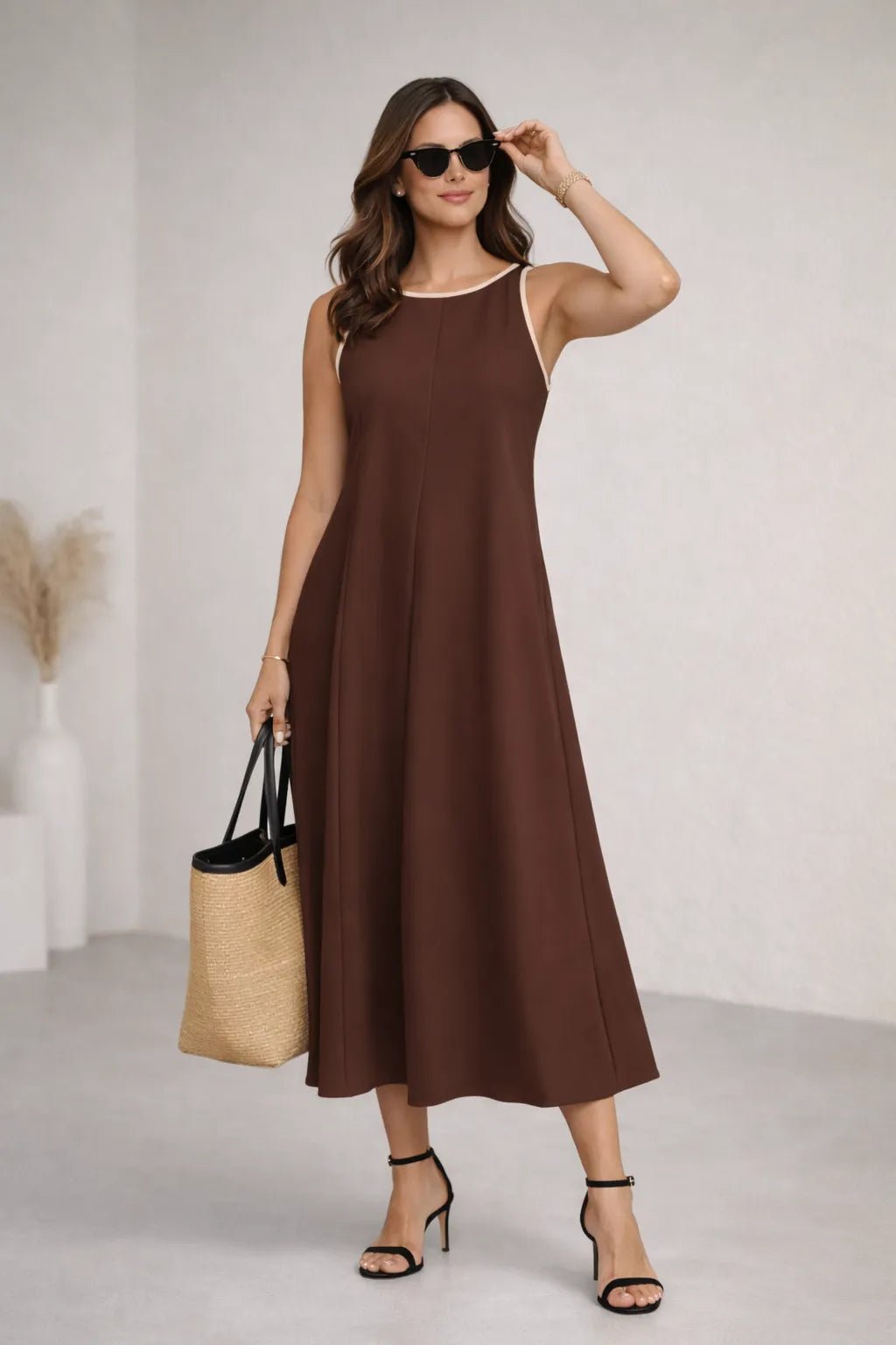 Vestido Longo Feminino Decote Redondo Cintura Contrastante – Vestido Longo Feminino Decote Redondo Cintura Contrastante | Use Virela