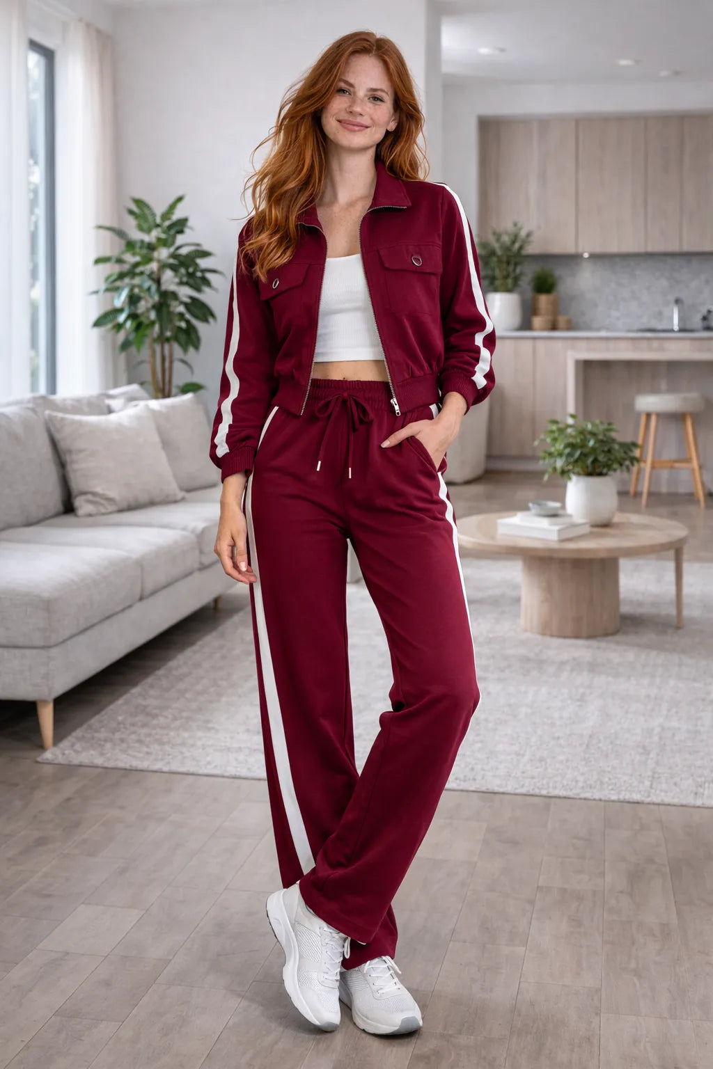 Mulher usando conjunto listrado feminino vermelho bordô com jaqueta de zíper e calça pantalona em tecido sensorial.