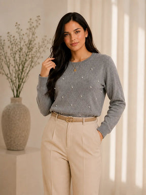 Blusa Feminina Lanzinha com Pérolas e Manga Longa Elegante – Casaco Feminino Lanzinha com Pérolas Elegante | Use Virela