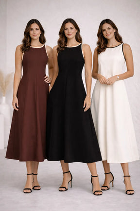 Mulher Vestindo Vestido Longo Feminino Casual Solto Decote Redondo Sem Mangas Cintura Contrastante Poliéster