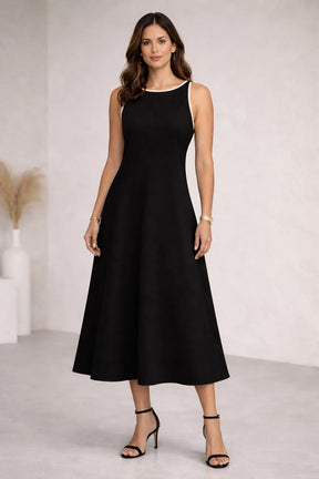 Mulher Vestindo Vestido Longo Feminino Casual Solto Decote Redondo Sem Mangas Cintura Contrastante Poliéster preto